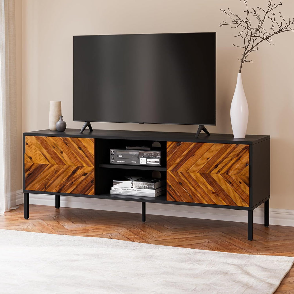 Bme Vivian Solid Wood Nightstand, End Table, Bedside Table with Herringbone Pattern for Rustic Bedroom, Easy Assembly, Rustic Golden Brown and Black
