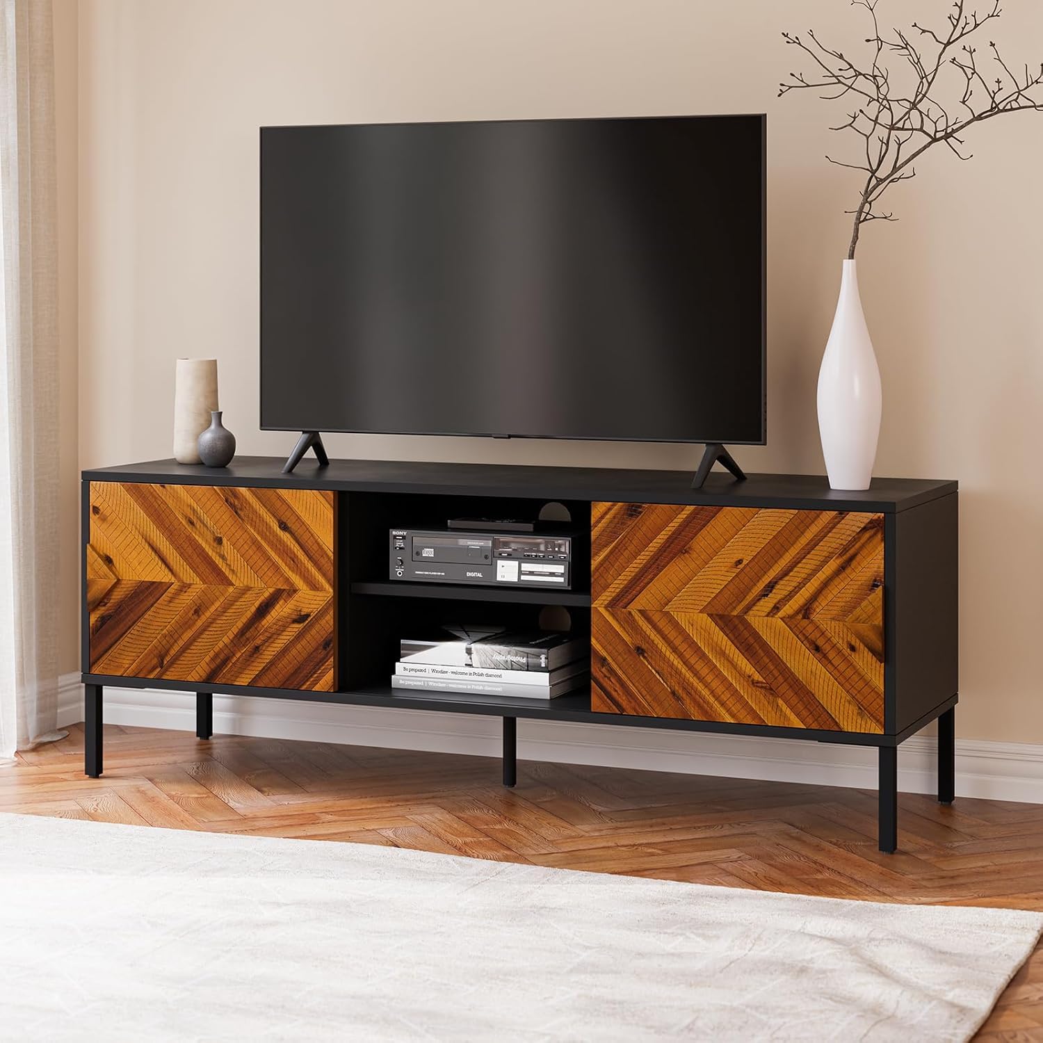 Bme Vivian Solid Wood Nightstand, End Table, Bedside Table with Herringbone Pattern for Rustic Bedroom, Easy Assembly, Rustic Golden Brown and Black