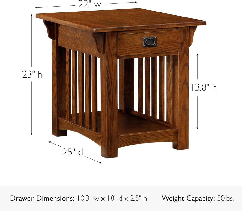 Leick Home Mission End Table, Solid Wood Construction, 1 Storage Drawer, Bottom Display Shelf, Slatted Sides, Easy-Assembly, Medium Oak, 25.0 in. W x 22.0 in. L x 23.0 In. H, 8207