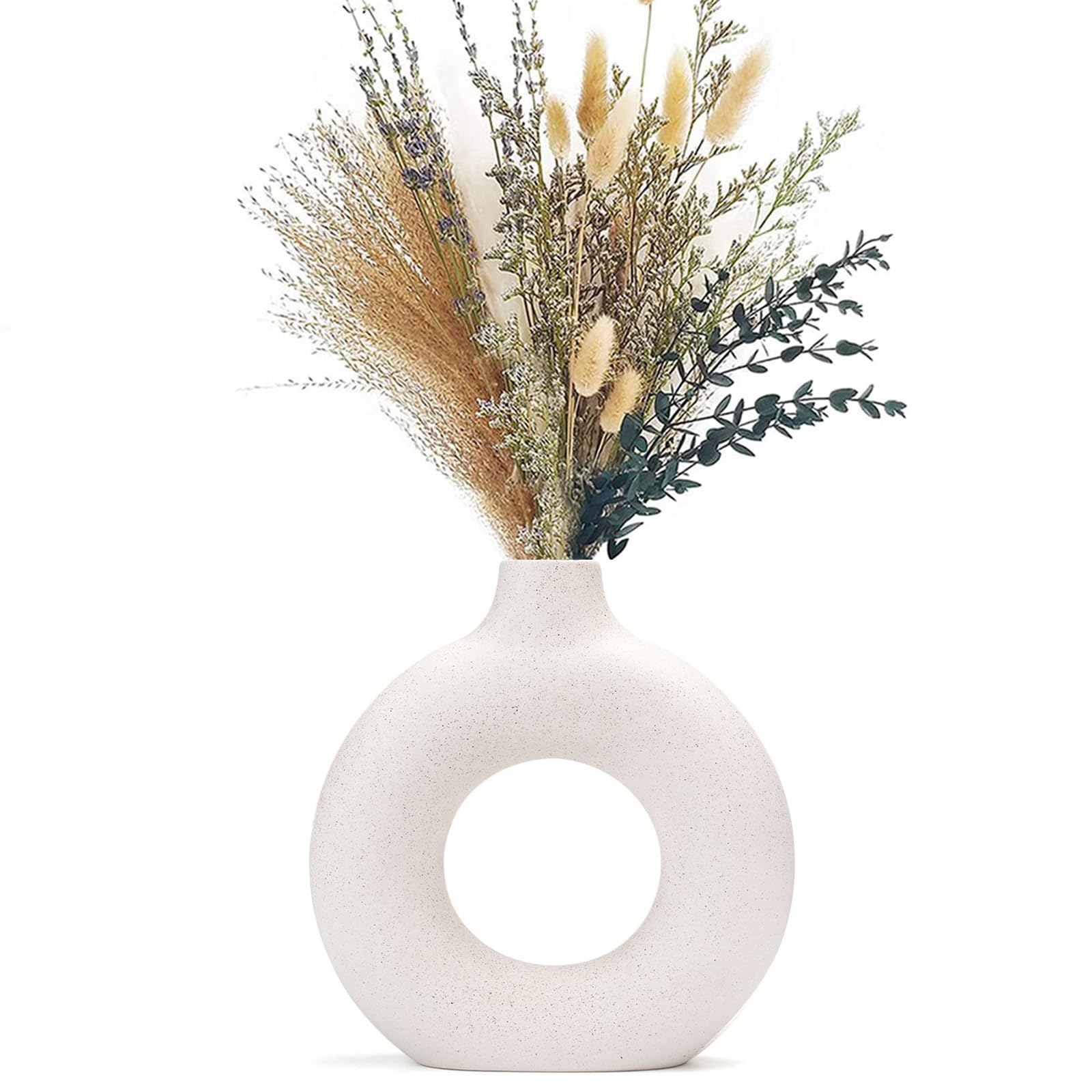 CEMABT Black Donut Vase Hollow Ceramic Vase for Flowers Handmade Minimalist Boho ins Style Modern Home Decor for Wedding Dinner Table Party Living Room Office Bedroom（M