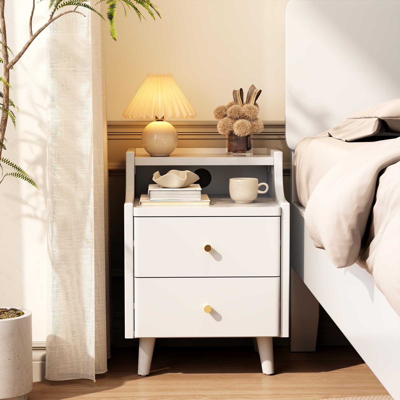 Narrow Nightstand with 2 Drawers,Walnut Nightstand,Bedside Table,Solid Wood Modern Bedside Table for Bedroom,Study,Toilet