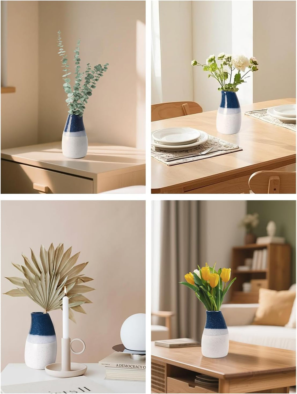 Ceramic Vase – 5.9” Tall Handmade Blue and White Glazed Pottery for Home Decor – Modern Asymmetrical Flower Vase for Living Room, Shelf, Table Centerpiece – 18oz / 500ml