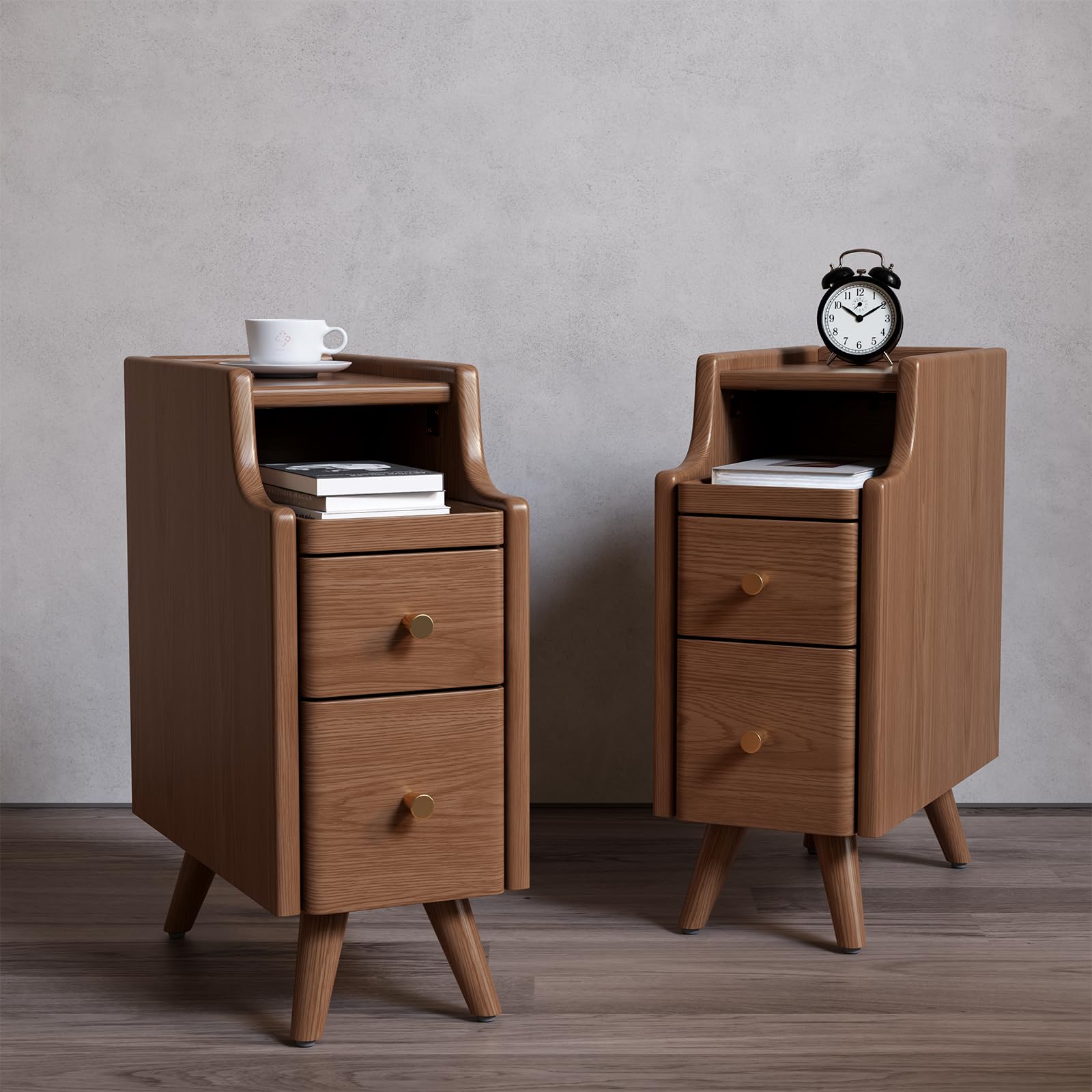 AQIMUELE Small Nightstand with Drawers, Solid Wood Bedside Table, Narrow Walnut Nightstand for Bedroom