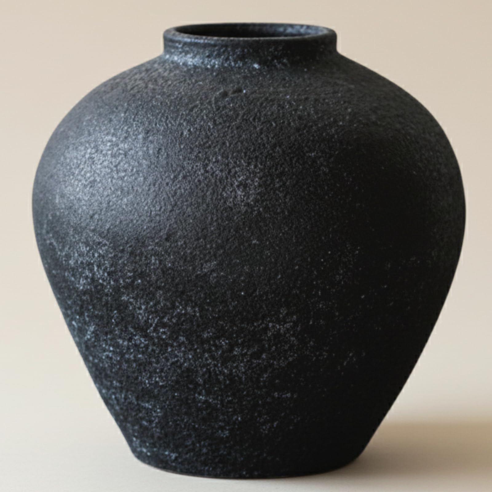 Handemade Large Round Vase for Centerpieces, White Rustic Vase Farmhouse Decor, Distressed Textured for Home Decorations, Earthy Room Decor Aesthetic, Stone Look Ceramic Clay Pottery, 9 inch