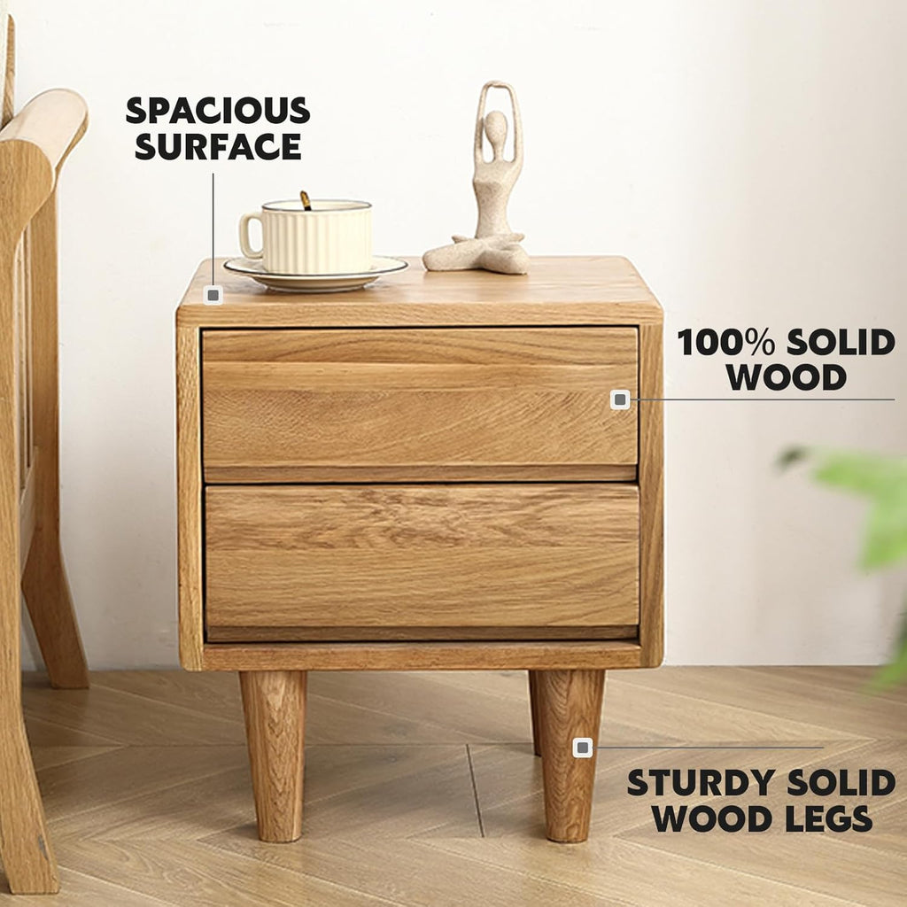 Solid Oak Wood Nightstand, Bedside Table with 2 Drawer, Mid-Century Luxury Night Stand, Modern Sofa Side End Table, Farmhouse Wooden Night Stand Bedside Table for Bedroom, Easy Assembly, Natural Color