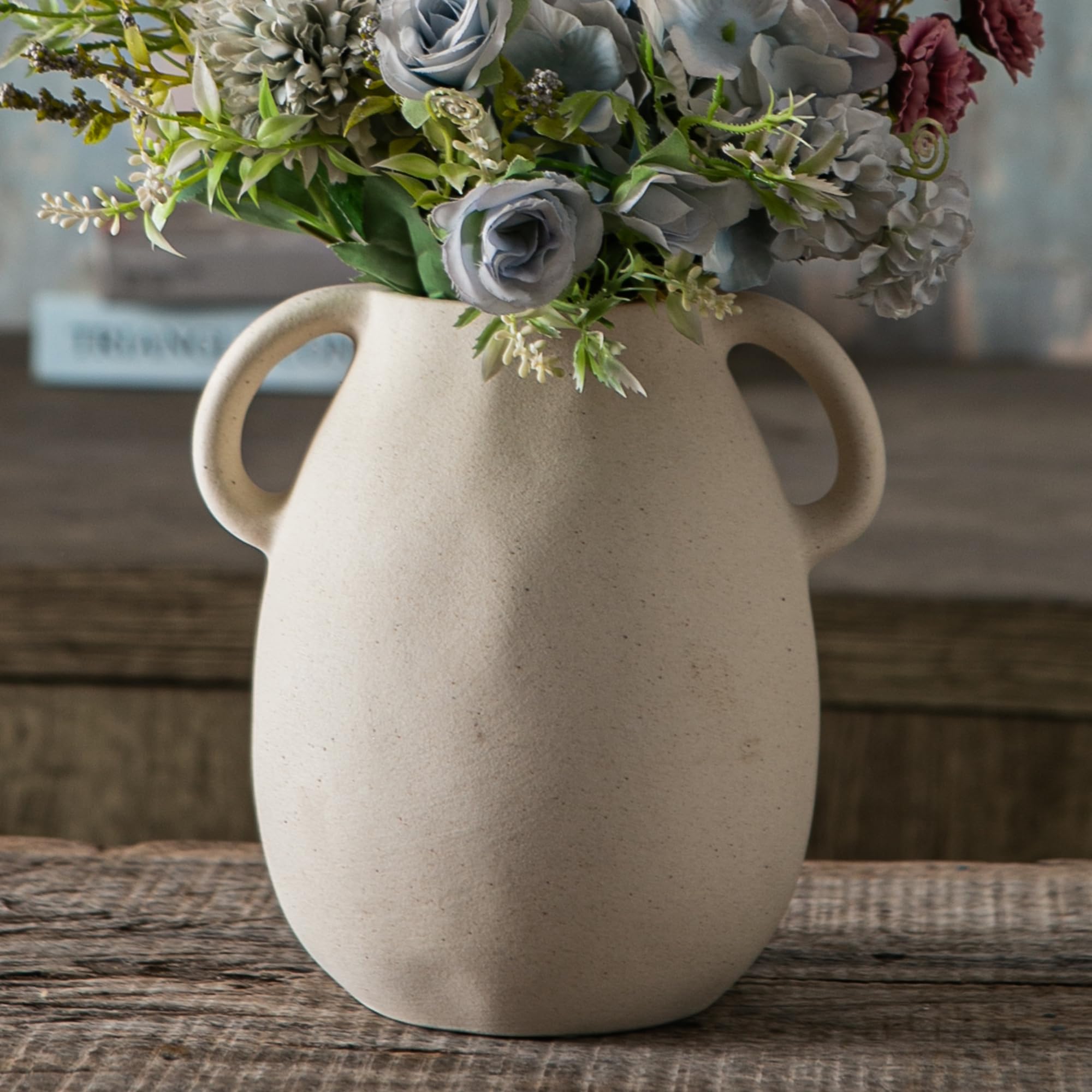 Tanvecle Blue Ceramic Vase with 2 Handles, Modern Farmhouse Decor, Rustic Terracotta Pottery, Decorative Flower Vases, Clay Small Vase, Centerpiece for Dining Table - 7 Inch Tall