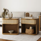Nathan James Solace Mid Century Modern 2 Drawer Nightstand with Solid Wood Frame and Rounded Details, Raw Oak