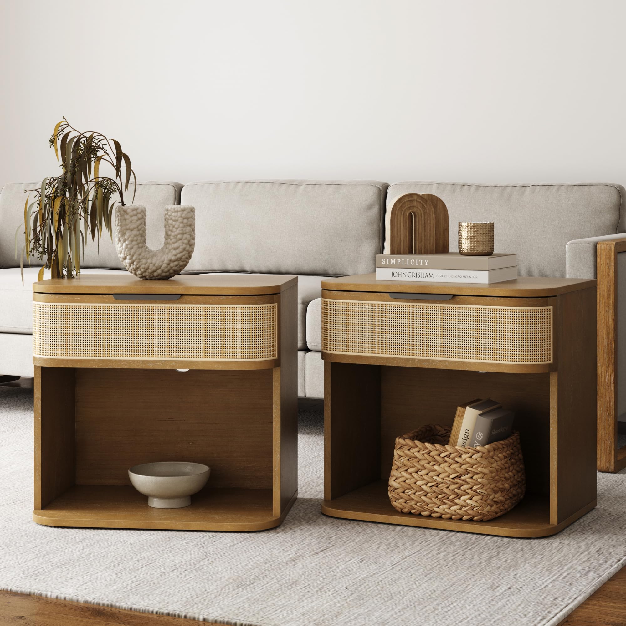 Nathan James Solace Mid Century Modern 2 Drawer Nightstand with Solid Wood Frame and Rounded Details, Raw Oak
