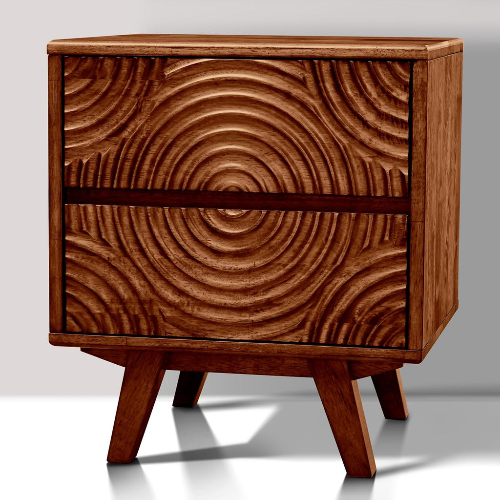 Acacia Harmony Solid Wood 2-Drawer Nightstand – Mid Century Modern Bedside Table with Carved Front, Vintage Walnut Finish, End Table for Bedroom or Living Room, Easy Assembly