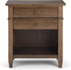 SIMPLIHOME Carlton Bedside Table - 24 inch Wide Solid Wood Nightstand Table in Rustic Natural Aged Brown, Transitional Bedroom Side or End Table with 2 Drawers, Open Storage Shelf and Bronze Hardware