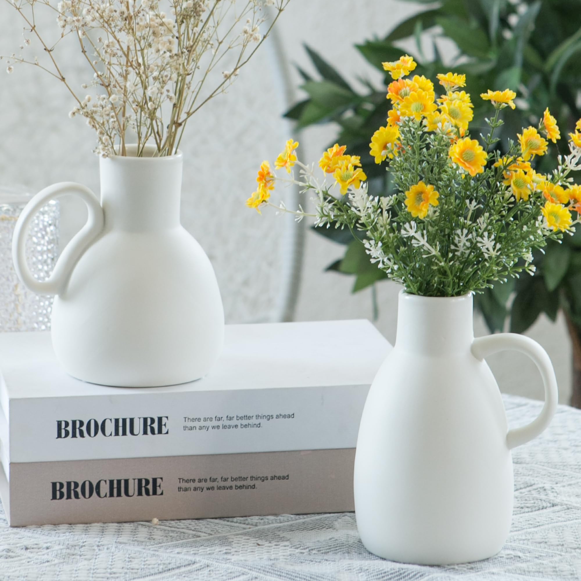 Tanvecle Blue Ceramic Vase with 2 Handles, Modern Farmhouse Decor, Rustic Terracotta Pottery, Decorative Flower Vases, Clay Small Vase, Centerpiece for Dining Table - 7 Inch Tall