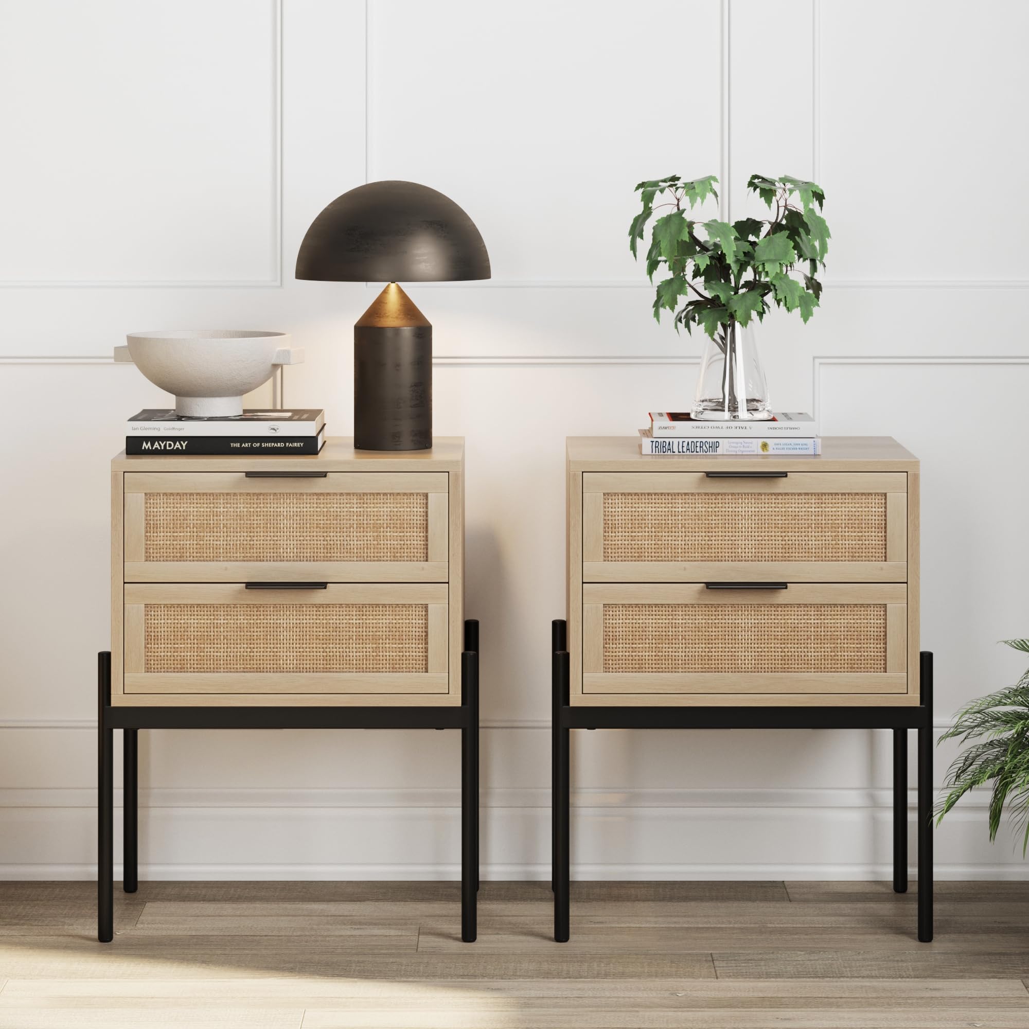 Nathan James Solace Mid Century Modern 2 Drawer Nightstand with Solid Wood Frame and Rounded Details, Raw Oak