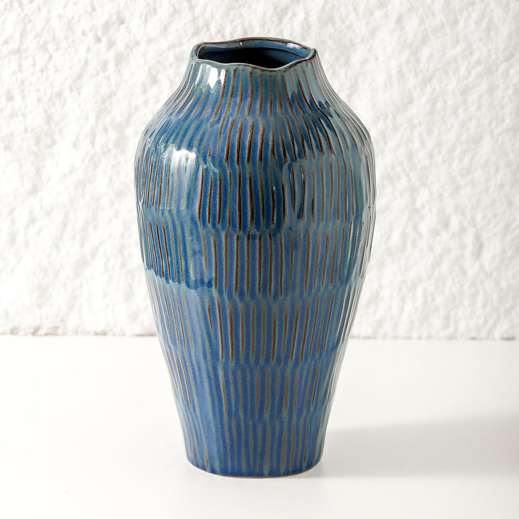Uiddo 12.6 Inch Mat Blue Modern Handmade Ceramic Vase, Rustic Farmhouse Decorative Flower Vases for Home Decor,Pampas Grass Bouquet, Living Room,Kitchen,Office,Bedroom,Centerpiece Table Decorations