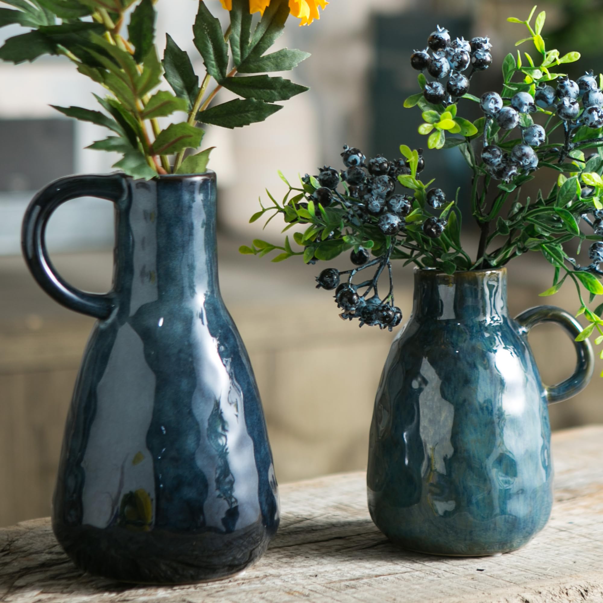 Tanvecle Blue Ceramic Vase with 2 Handles, Modern Farmhouse Decor, Rustic Terracotta Pottery, Decorative Flower Vases, Clay Small Vase, Centerpiece for Dining Table - 7 Inch Tall