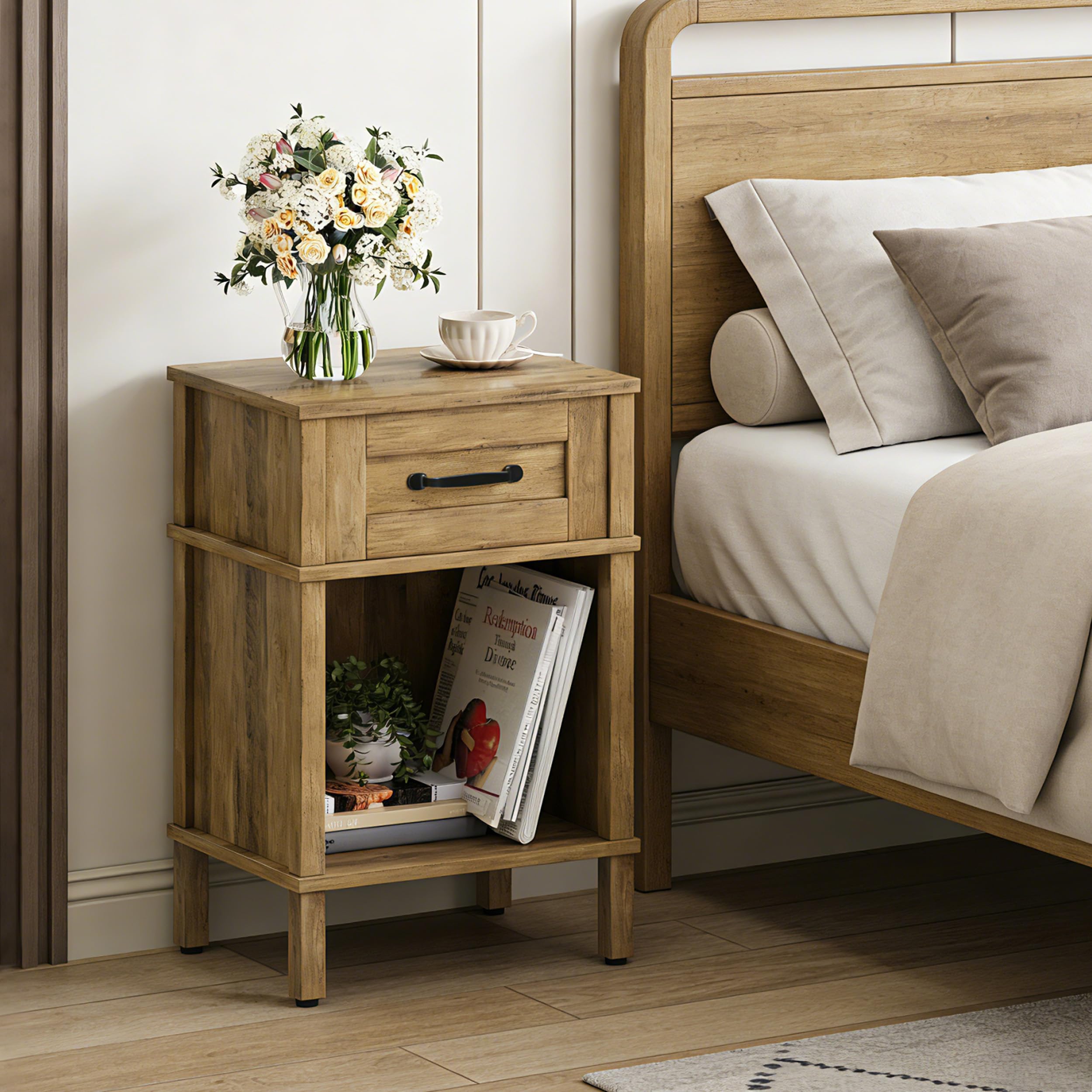 Farmhouse Nightstand with Drawer, Small Wood Bedside Table, Small Rustic Side Table, Modern End Table with Drawer, Wooden Walnut Brown Night Stand for Bedroom LET512DR
