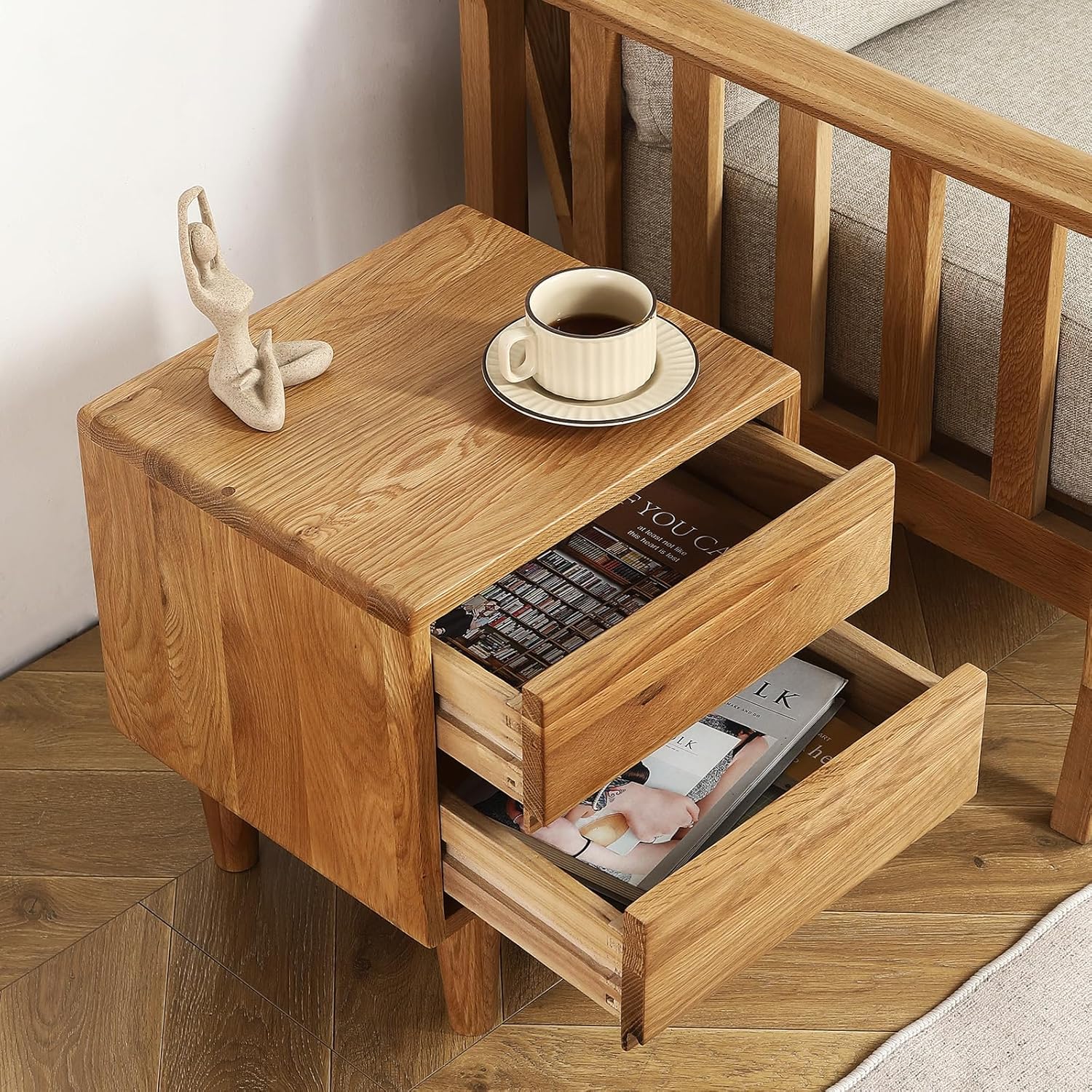 Solid Oak Wood Nightstand, Bedside Table with 2 Drawer, Mid-Century Luxury Night Stand, Modern Sofa Side End Table, Farmhouse Wooden Night Stand Bedside Table for Bedroom, Easy Assembly, Natural Color
