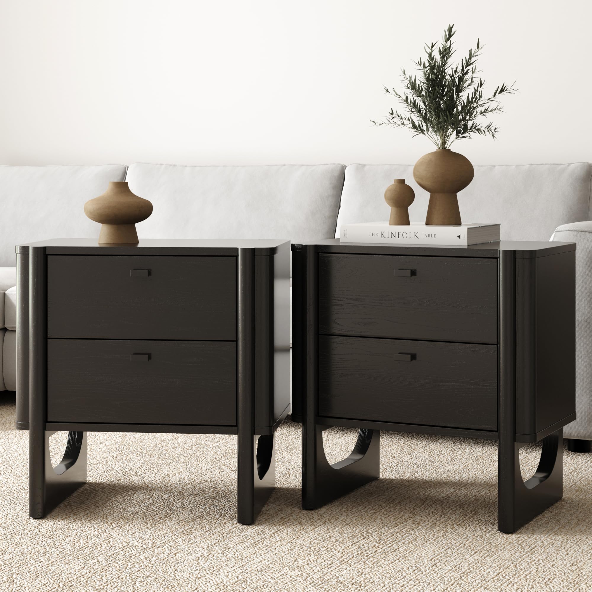 Nathan James Solace Mid Century Modern 2 Drawer Nightstand with Solid Wood Frame and Rounded Details, Raw Oak