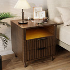 Fluted Nightstand with Charging Station, 2 Drawers Storage Bedside Table, Solid Wood Modern Nightstand with Open Shelf, Curved Profile Design, End Table for Indoor Room Bedroom Office, Oak