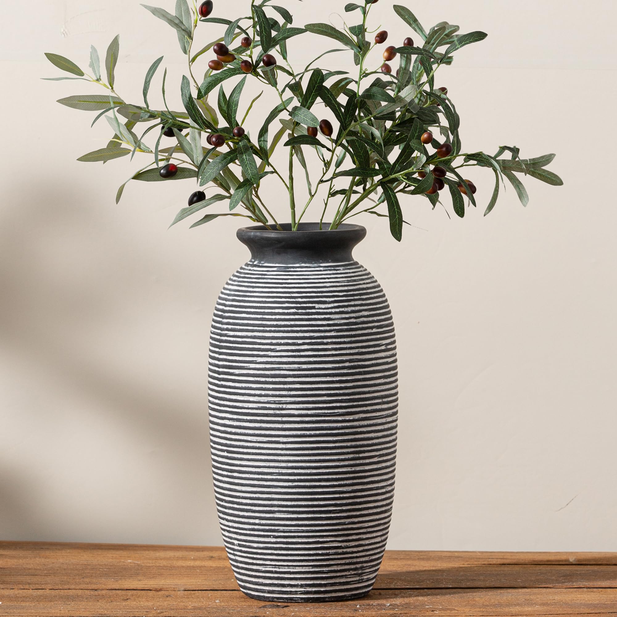 Ceramic Flower Vase, 7.48 Inch White Rustic Farmhouse Decorative Vase Pottery Wide-Mouth Vases for Home Decor Table Living Room Entryway Mantel Bookshelf Bedroom Bathroom Kitchen