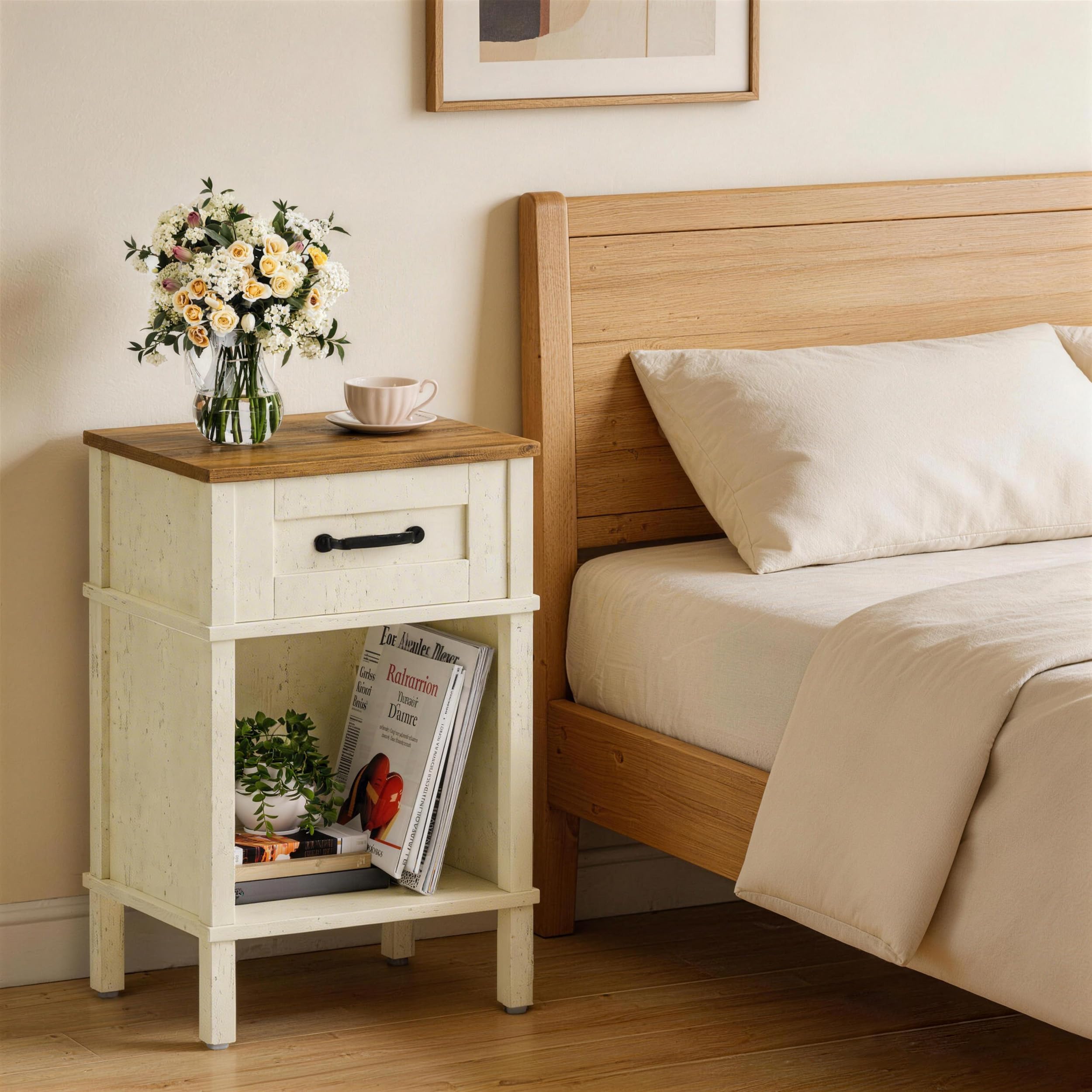 Farmhouse Nightstand with Drawer, Small Wood Bedside Table, Small Rustic Side Table, Modern End Table with Drawer, Wooden Walnut Brown Night Stand for Bedroom LET512DR