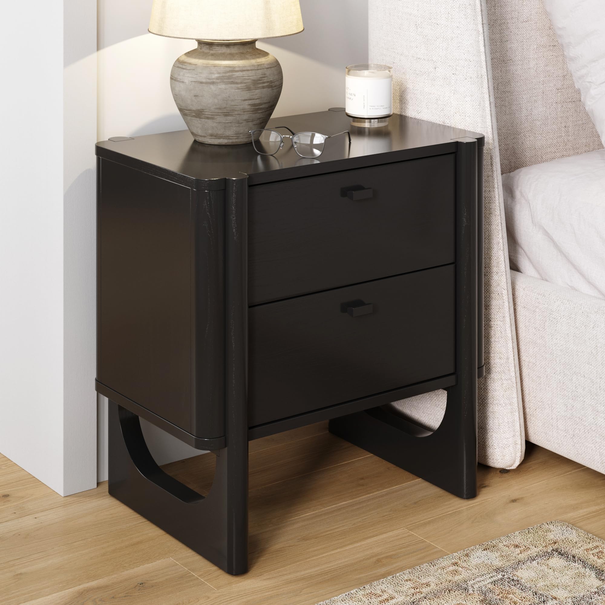 Nathan James Solace Mid Century Modern 2 Drawer Nightstand with Solid Wood Frame and Rounded Details, Raw Oak