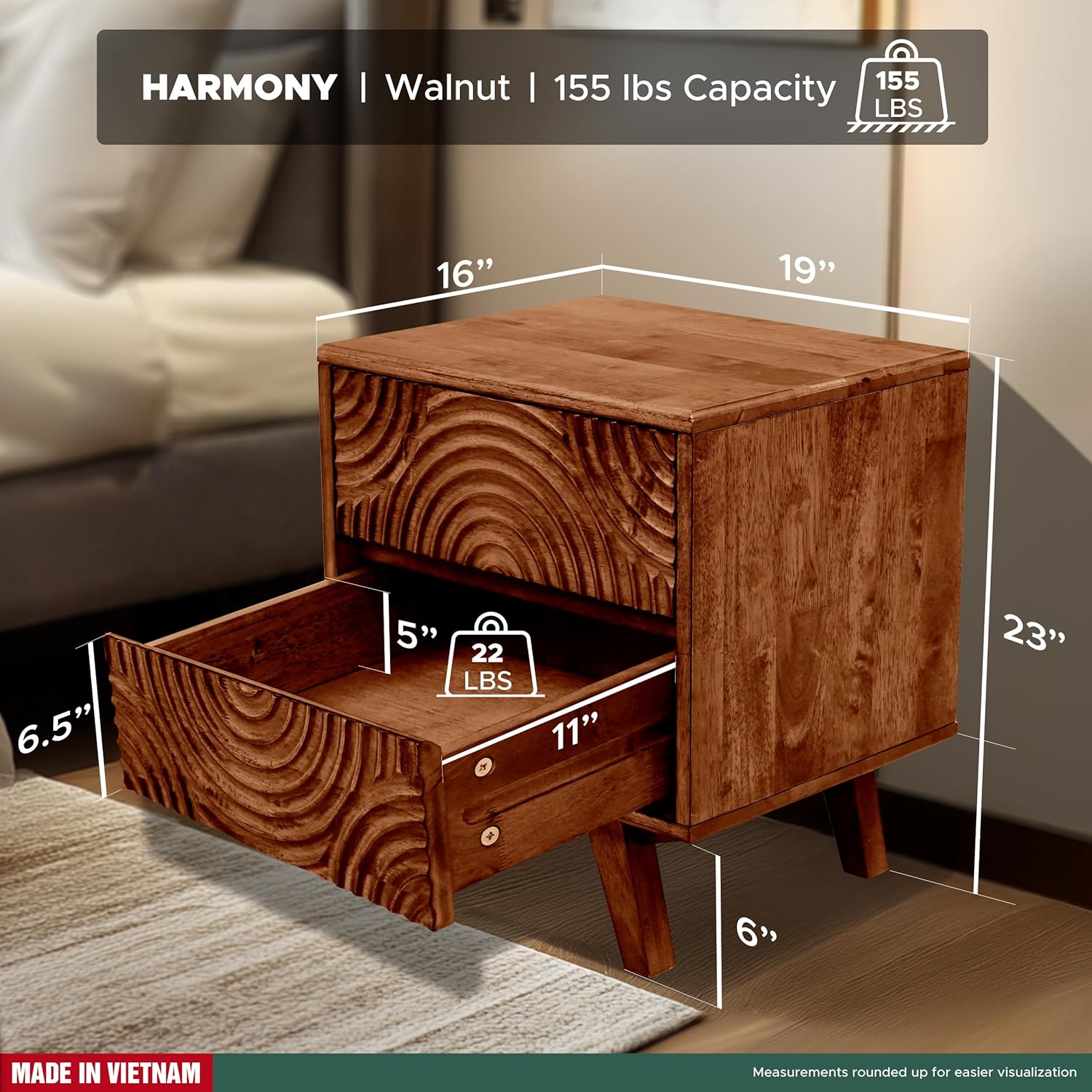 Acacia Harmony Solid Wood 2-Drawer Nightstand – Mid Century Modern Bedside Table with Carved Front, Vintage Walnut Finish, End Table for Bedroom or Living Room, Easy Assembly