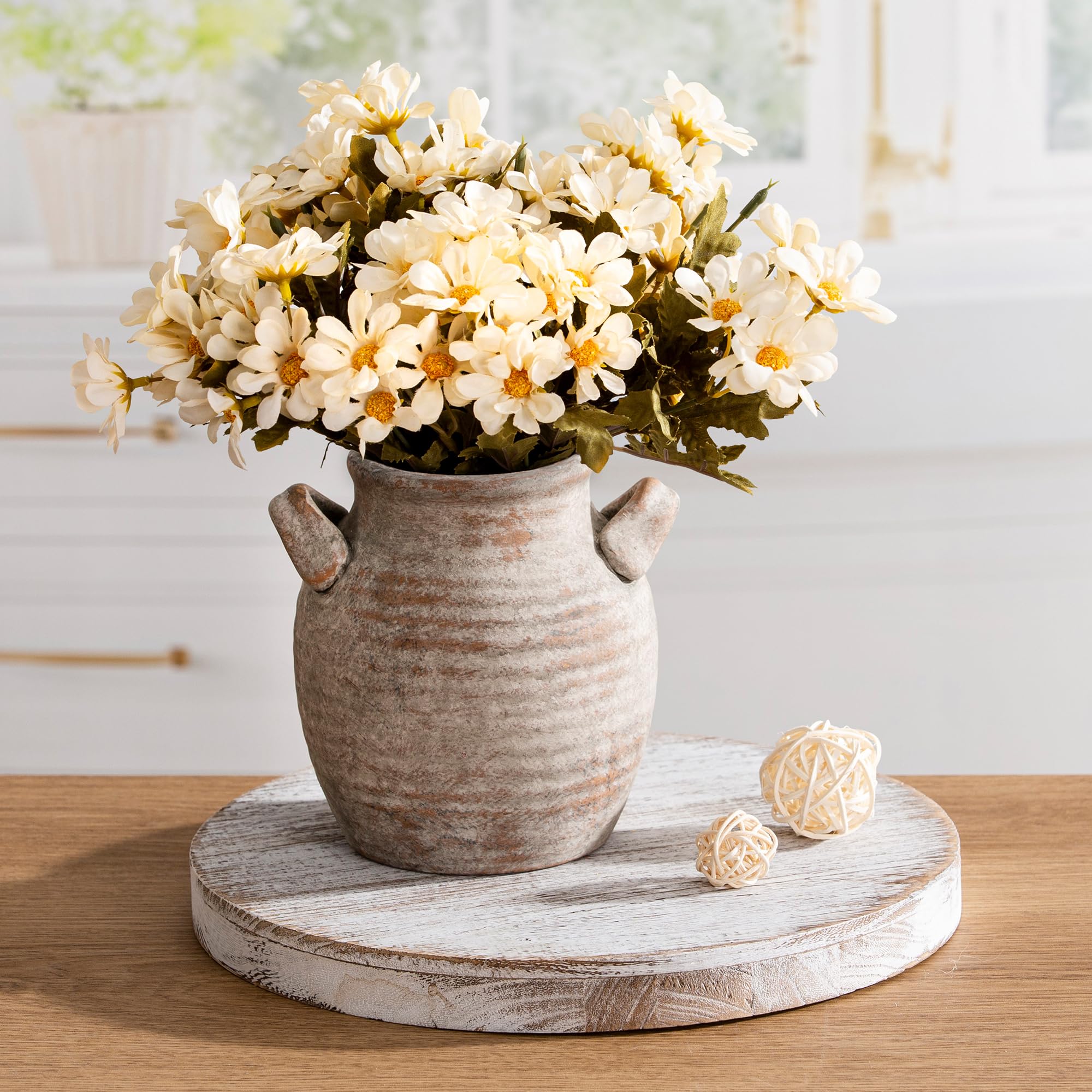 Vanselia Ceramic Flower Vase Home Decor - Farmhouse Table Vases with Handle Living Room Decoration Vintage Decorative Aesthetic for Shelf Coffee Dining Desk House Bookshelf Fireplace (7.1" Retro)