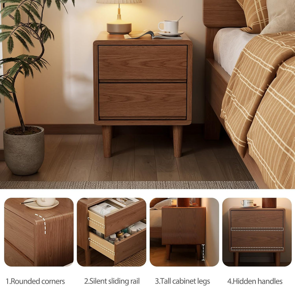 Solid Wood Nightstand, Walnut Nightstand with Drawers Mid Century Modern Night Stand,Wood Night Stands,Small Bedside Table for Bedroom, Dorm and Living Room, Walnut Bedside Table