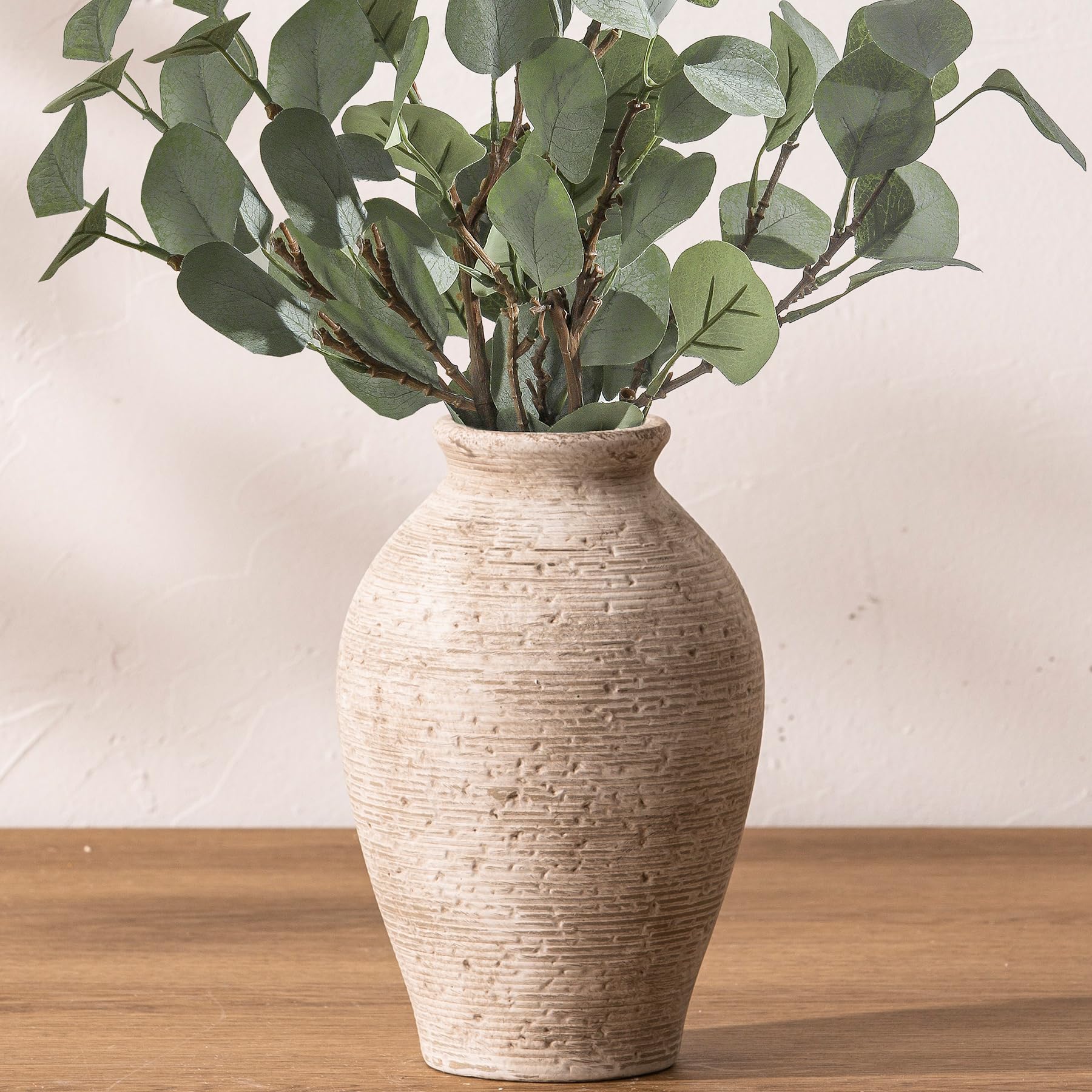 Vanselia Ceramic Flower Vase Home Decor - Farmhouse Table Vases Rustic Vintage Living Room Kitchen Bedroom Decorations for House Book Shelf Office Coffee Desk Dining Fireplace (7.4" Rustic)