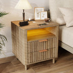 Fluted Nightstand with Charging Station, 2 Drawers Storage Bedside Table, Solid Wood Modern Nightstand with Open Shelf, Curved Profile Design, End Table for Indoor Room Bedroom Office, Oak