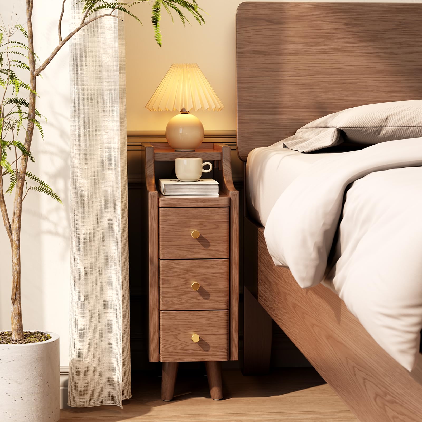 Narrow Nightstand with 2 Drawers,Walnut Nightstand,Bedside Table,Solid Wood Modern Bedside Table for Bedroom,Study,Toilet
