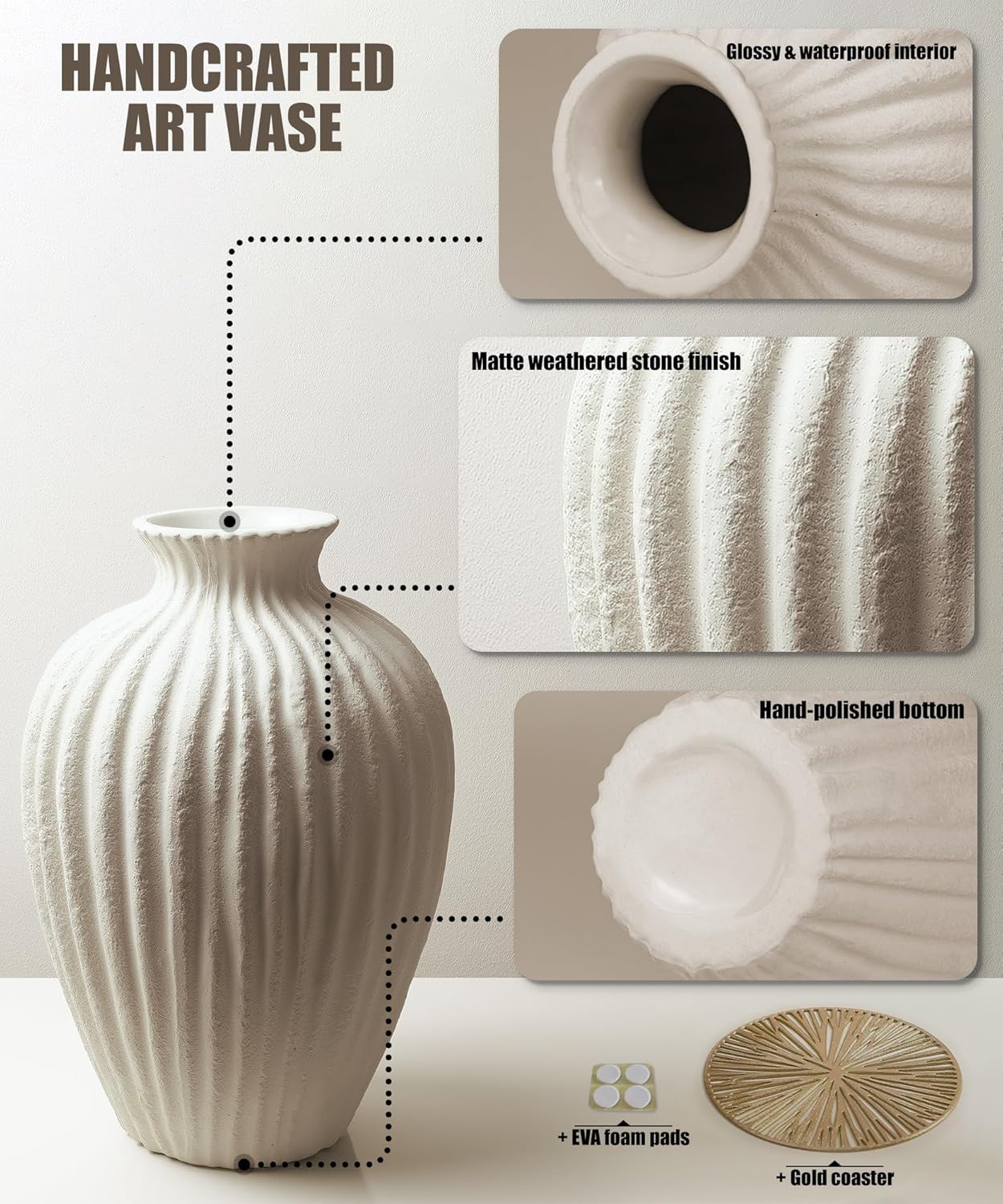 Handmade Ceramic Decorative Vase – Warm White Rustic Textured 10.4” Round Vase with Irregular Waves and Weathered Stone Finish for Home, Office, Farmhouse Decor