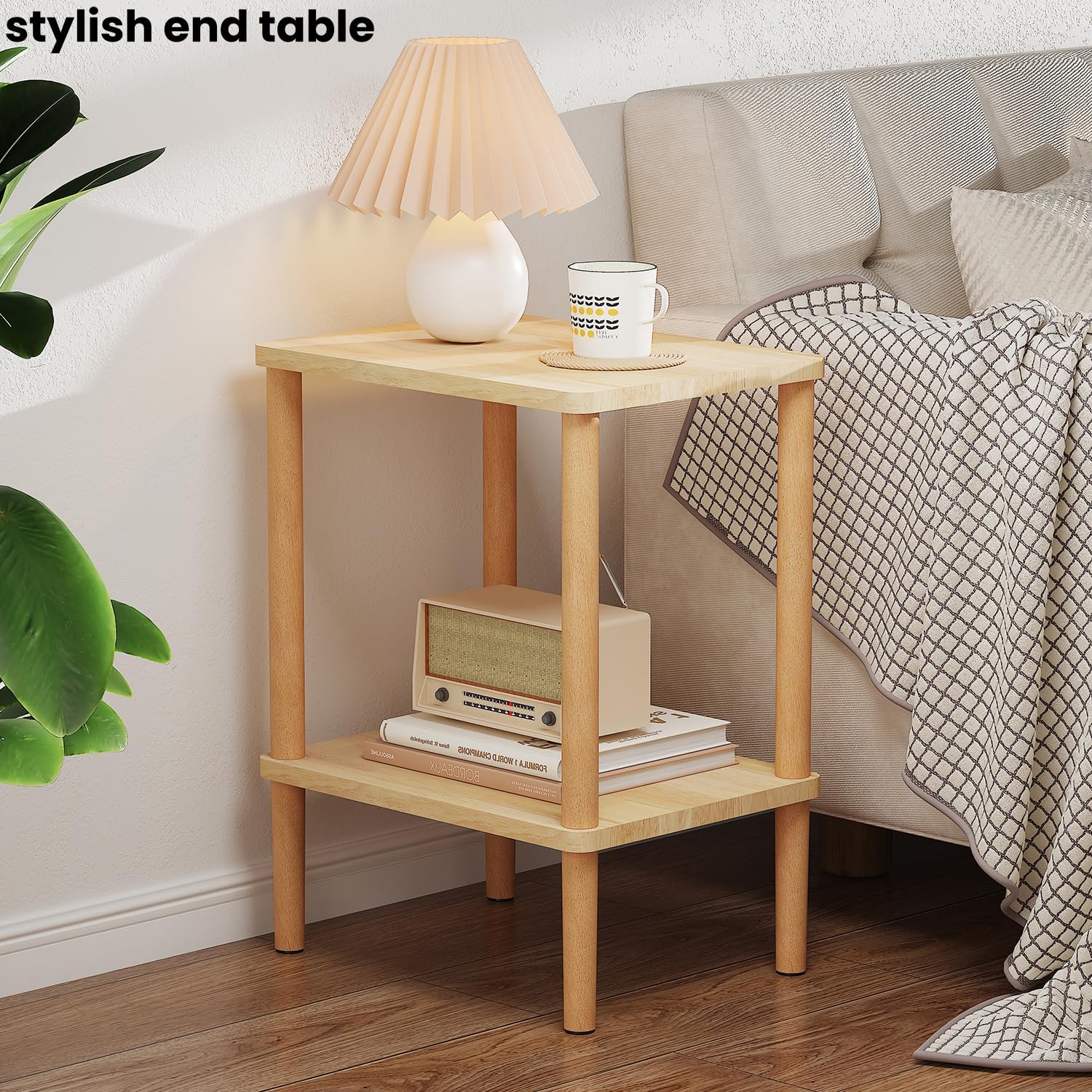 LUCKNOCK Solid Wood Side Table, 2-Tier Small End Table with Storage Shelf, Narrow Nightstand Bedside Table for Small Spaces, Bedroom, Living Room, Farmhouse, No-Tool Assembly.