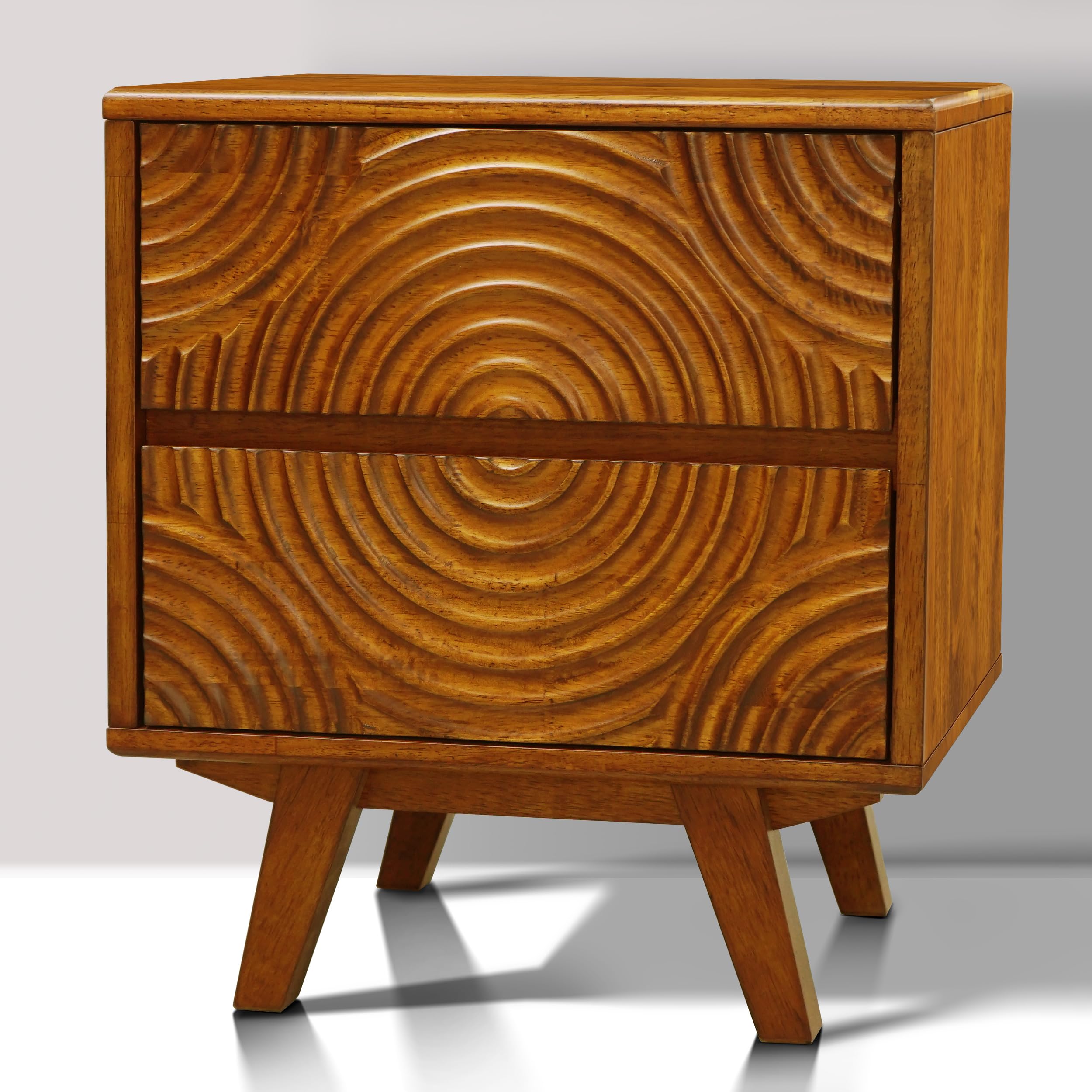 Acacia Harmony Solid Wood 2-Drawer Nightstand – Mid Century Modern Bedside Table with Carved Front, Vintage Walnut Finish, End Table for Bedroom or Living Room, Easy Assembly