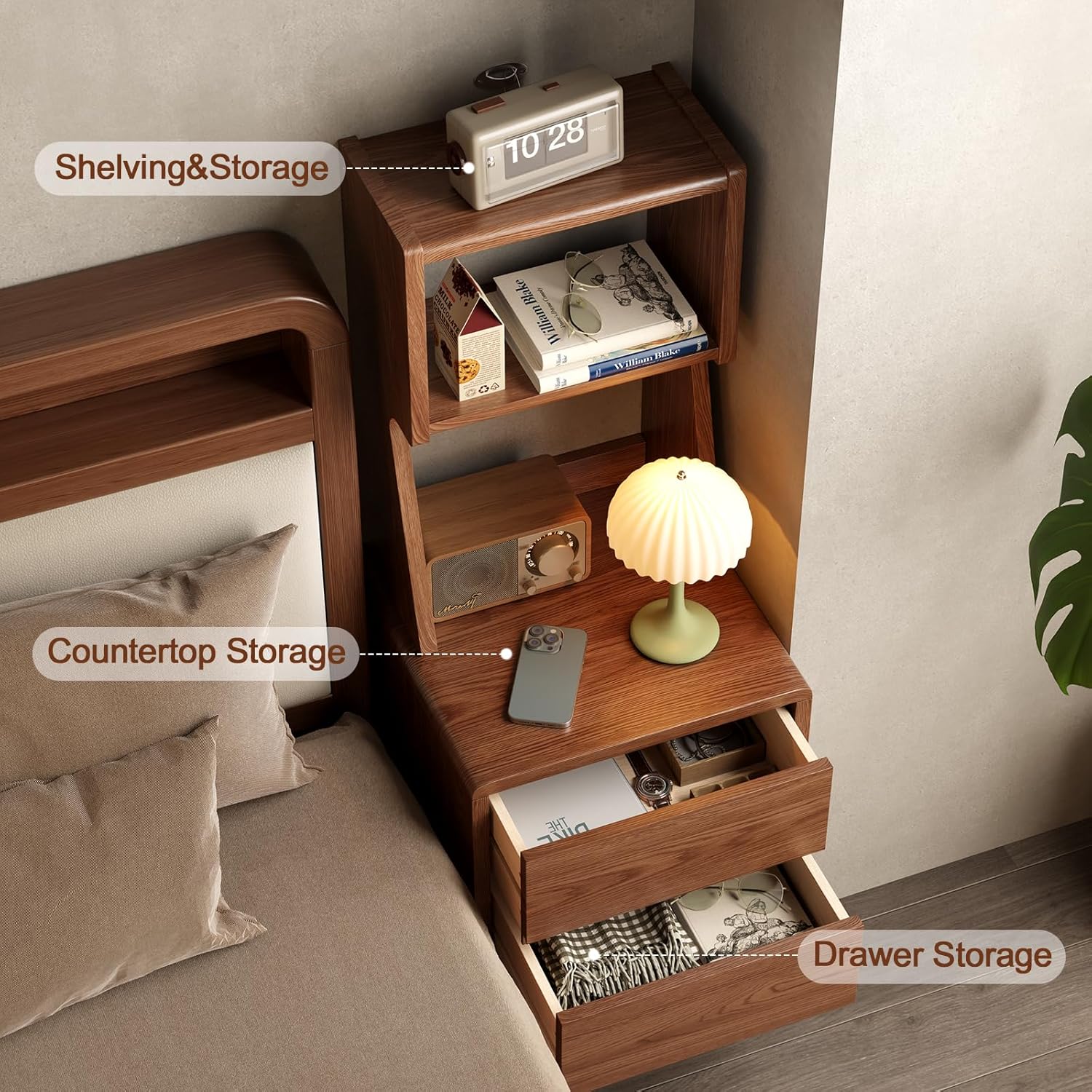 Solid Wood Bookshelf with Drawers,Narrow bookcase with Storage Shelves,Tall Nightstand with Drawers,Mid Century Modern Nightstand,Open Shelf Bookcase,Small Book Shelf for Bedroom,Living Room,Offices