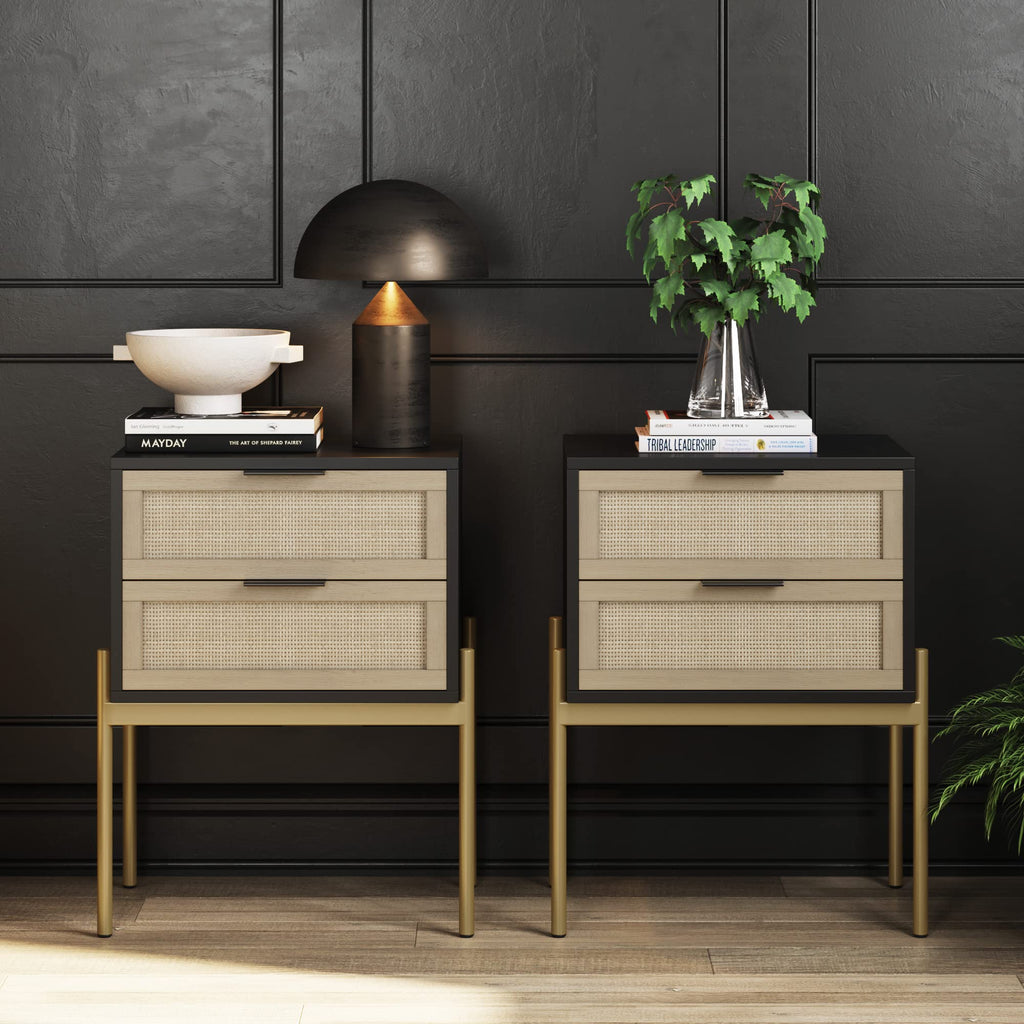Nathan James Solace Mid Century Modern 2 Drawer Nightstand with Solid Wood Frame and Rounded Details, Raw Oak