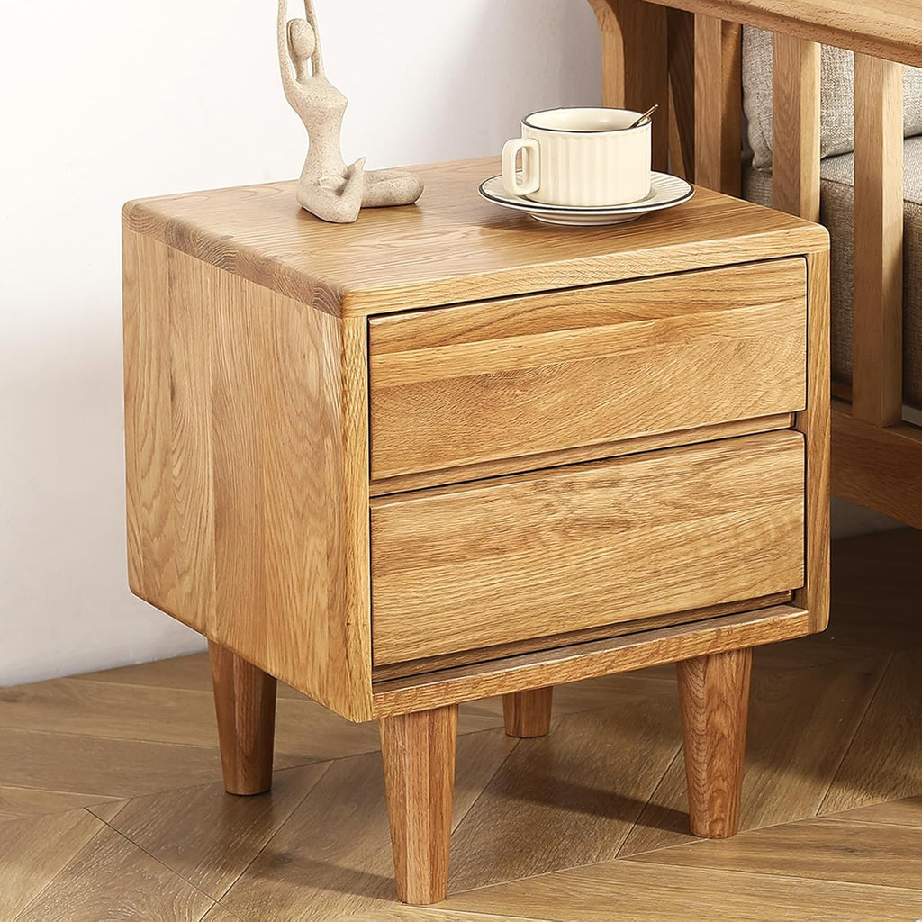 Solid Oak Wood Nightstand, Bedside Table with 2 Drawer, Mid-Century Luxury Night Stand, Modern Sofa Side End Table, Farmhouse Wooden Night Stand Bedside Table for Bedroom, Easy Assembly, Natural Color