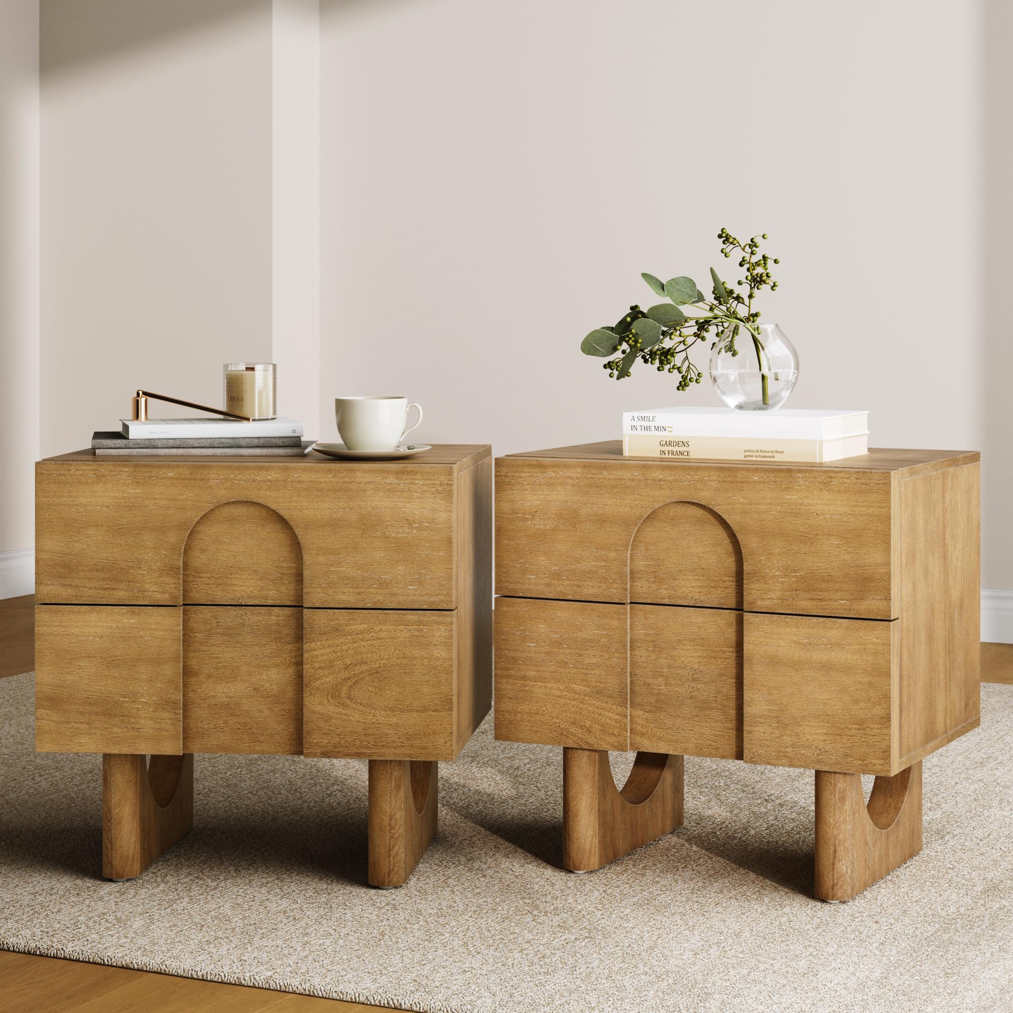 Nathan James Solace Mid Century Modern 2 Drawer Nightstand with Solid Wood Frame and Rounded Details, Raw Oak