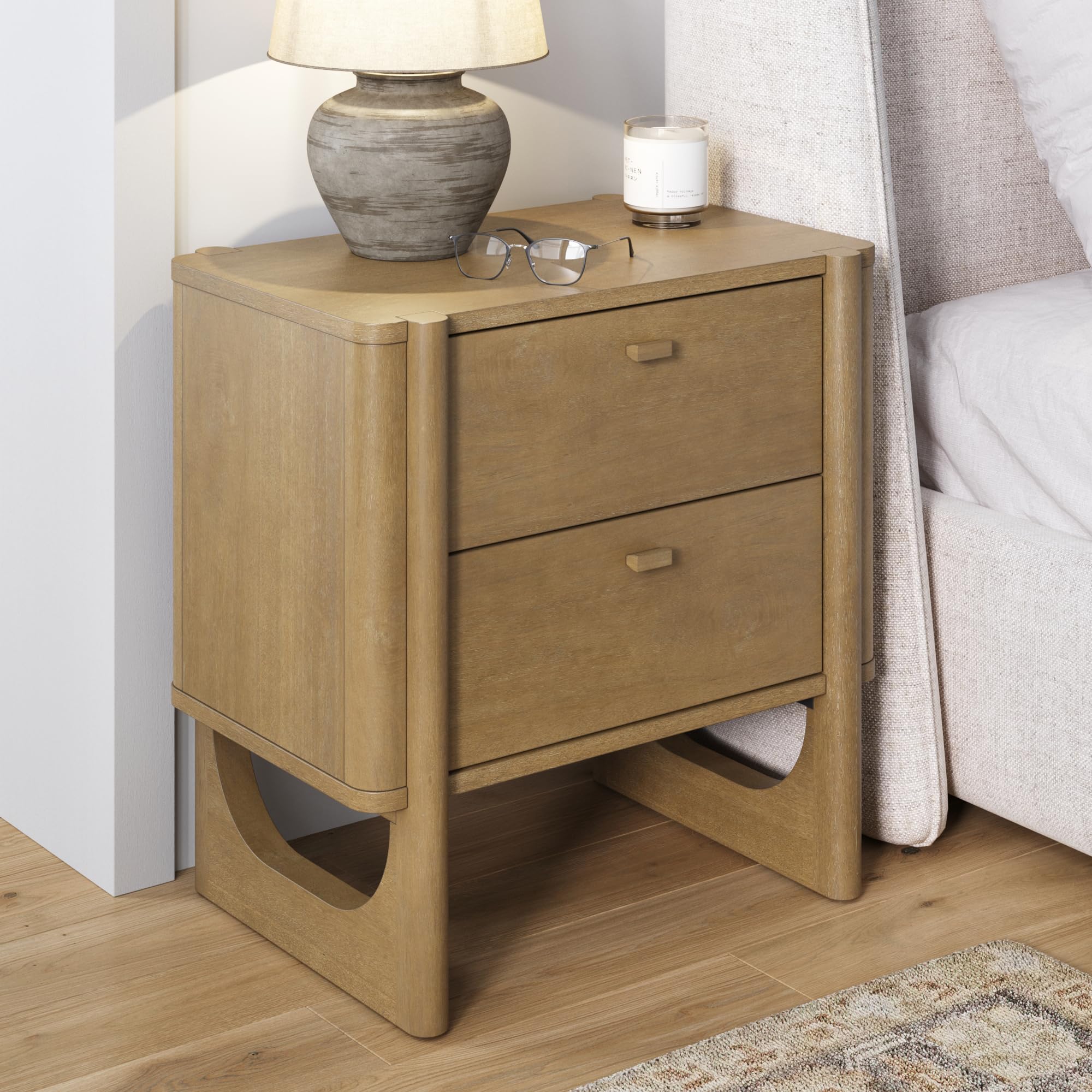 Nathan James Solace Mid Century Modern 2 Drawer Nightstand with Solid Wood Frame and Rounded Details, Raw Oak