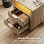 Fluted Nightstand with Charging Station, 2 Drawers Storage Bedside Table, Solid Wood Modern Nightstand with Open Shelf, Curved Profile Design, End Table for Indoor Room Bedroom Office, Oak