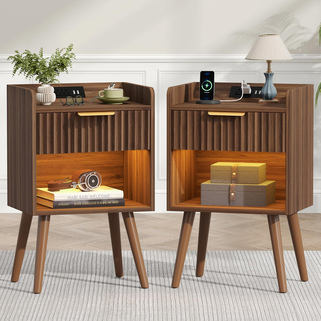 Nightstand, Fluted Night Stand with Charging Station, Small Bedside Table with Drawer&Open Storage, Solid Wood Legs, End Table for Bedroom, Walnut