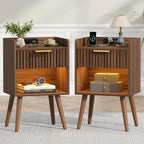 Nightstand, Fluted Night Stand with Charging Station, Small Bedside Table with Drawer&Open Storage, Solid Wood Legs, End Table for Bedroom, Walnut