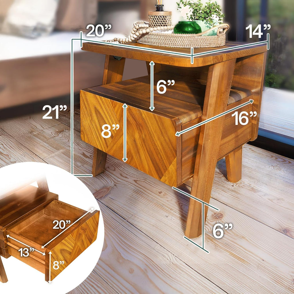 Rum Nightstand with Drawers, Solid Acacia Wood Bedside Table with Drawer & Open Shelf, Handcrafted Wood Grain End Table, Scratch & Water-Resistant, Durable & Easy Assembly (Caramel, Rum)