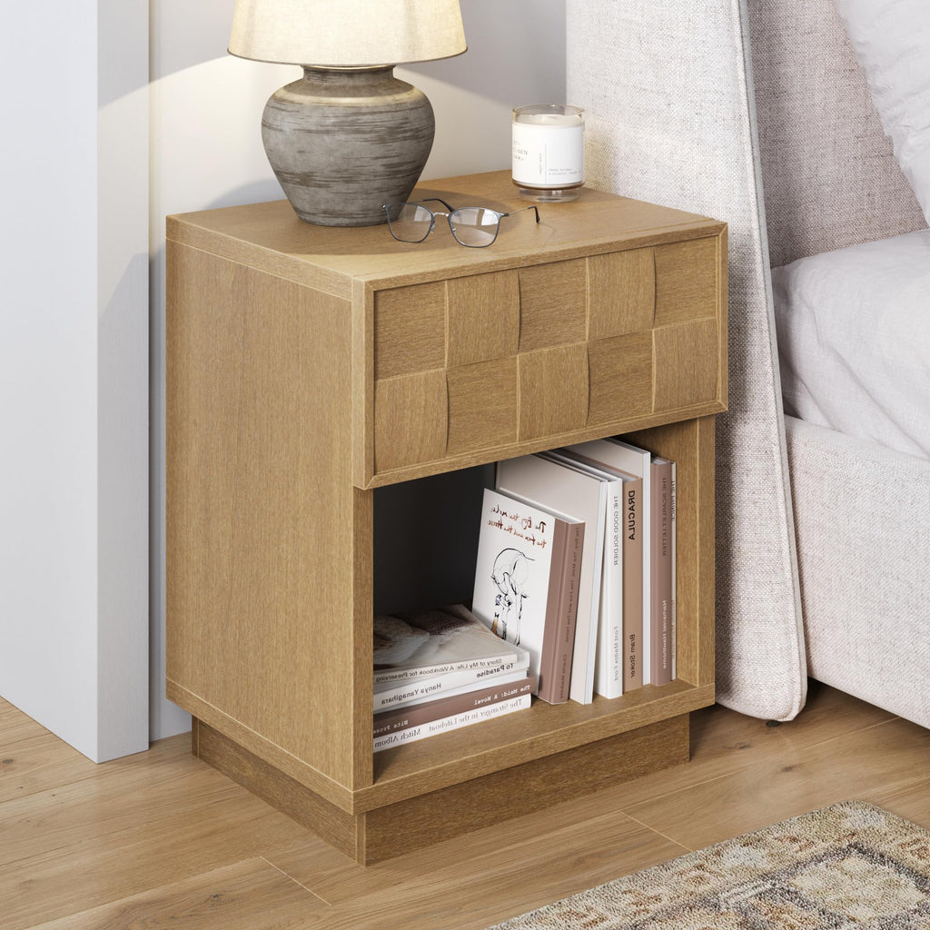 Nathan James Solace Mid Century Modern 2 Drawer Nightstand with Solid Wood Frame and Rounded Details, Raw Oak