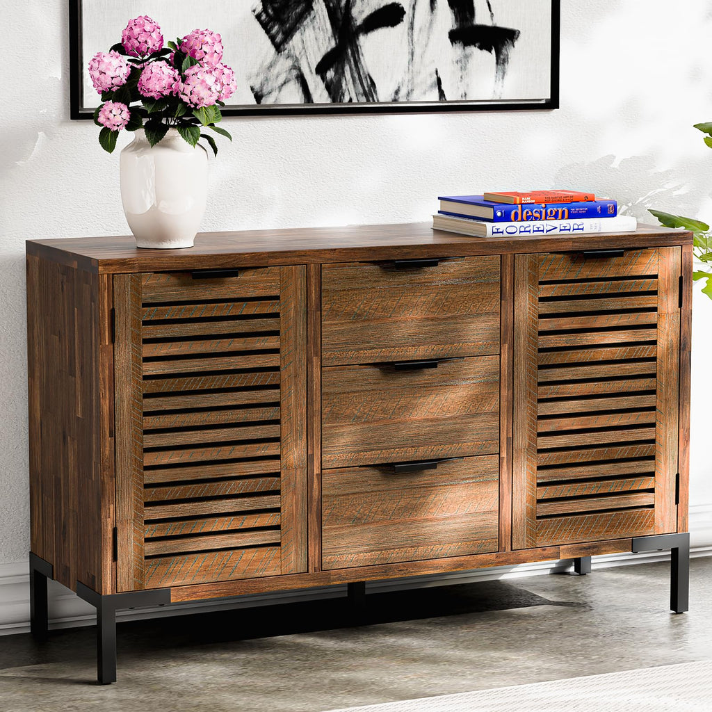 Bme Millie Solid Acacia Wood Rustic Nightstand with Drawers & Open Shelf, Pre-Assembled Industrial Modern Side Table for Living Room, Bedroom