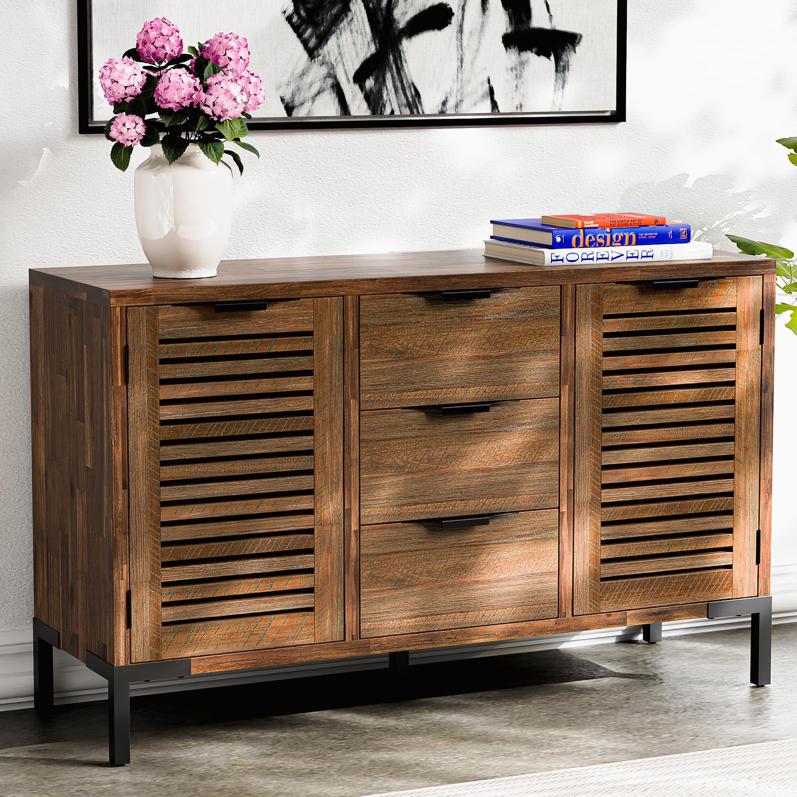 Bme Millie Solid Acacia Wood Rustic Nightstand with Drawers & Open Shelf, Pre-Assembled Industrial Modern Side Table for Living Room, Bedroom