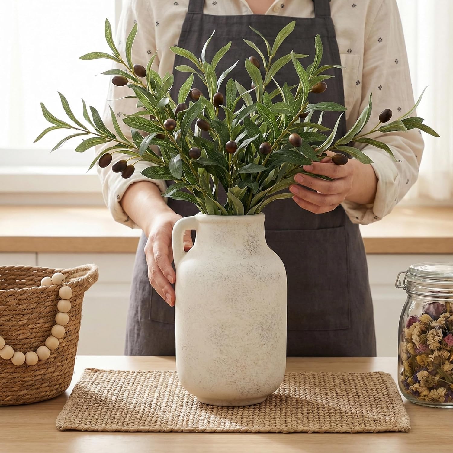 Ceramic Vase for Home Decor - 9.53 Inch Large White Farmhouse Vase, Rustic Handmade Flower Vase for Table Centerpiece, Living Room Shelf, Kitchen & Wedding Decor