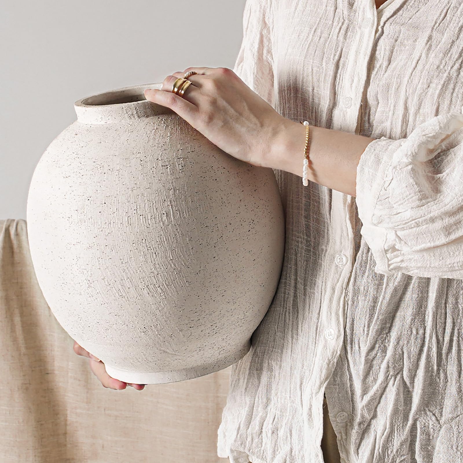 Large White Ceramic Vase - 9.8 Inch Rustic Farmhouse Flower Vase for Home Decor, Minimalist Tall Vases for Living Room, Table, Bathroom, Holiday & Weddings (Sandstone White)