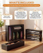 9 IN 1 Bamboo Foil and Plastic Wrap Organizer for Kitchen Drawer, Plastic Bag Organizer Organization and Storage, Food Storage Bag Organizer (BLACK)