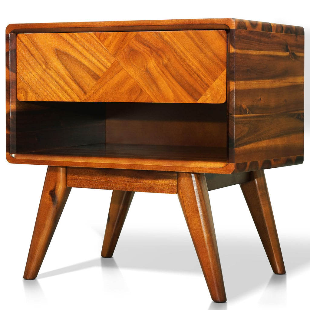 Rum Nightstand with Drawers, Solid Acacia Wood Bedside Table with Drawer & Open Shelf, Handcrafted Wood Grain End Table, Scratch & Water-Resistant, Durable & Easy Assembly (Caramel, Rum)